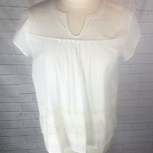 Lucky Brand White Tan Embroidered Eyelet Blouse
